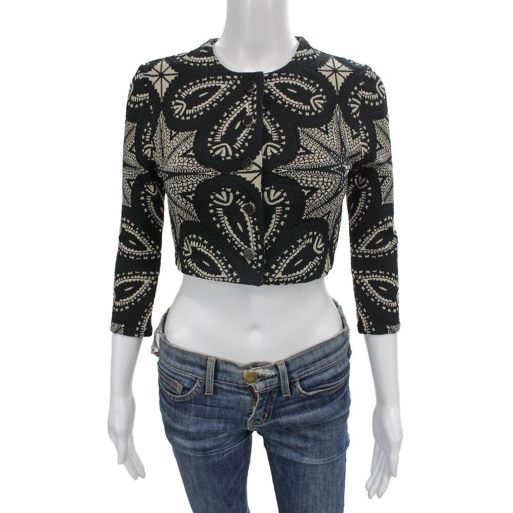Devon Windsor Women Black Paisley Aztec Button 3/4 Sleeve Jacket Size XS